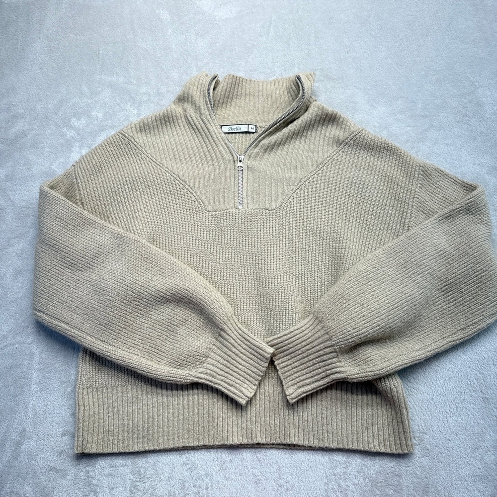 2bella Sweater Women's Medium Tan Ribbed Quarter Long Sleeve Mock Neck Pullover